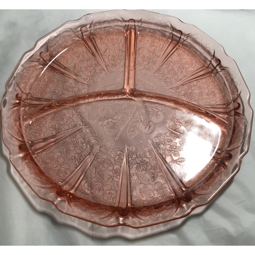VTG Jeannette Pink Cherry Blossom 9" Divided Grill Plate Depression Glass